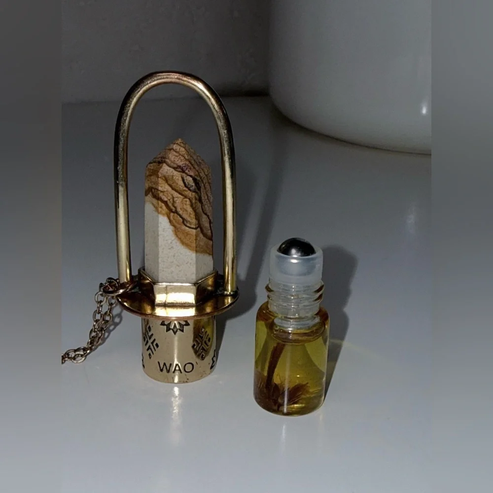 NWOT - Handmade Brass Essential Oil Rollerball Necklace with Ocean Jasper Stone
